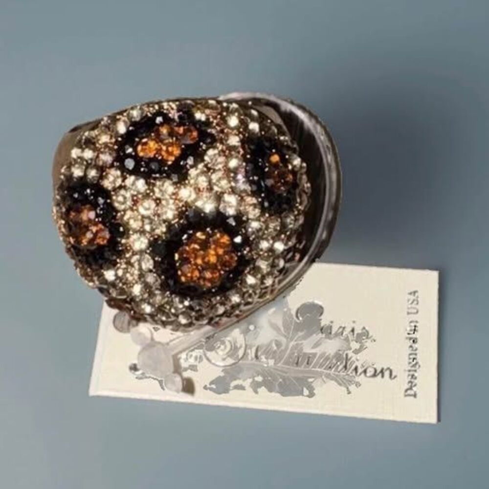 Dome Shaped Stretchy Swarovski Crystal Leopard Spot Brown And Gold Ring one size